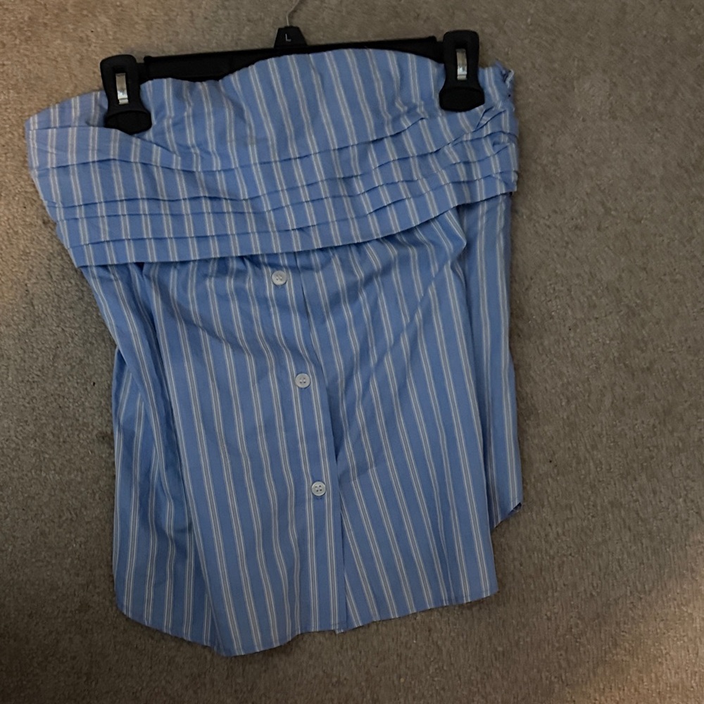 Zara Light Blue and White Striped Off-Shoulder Blouse